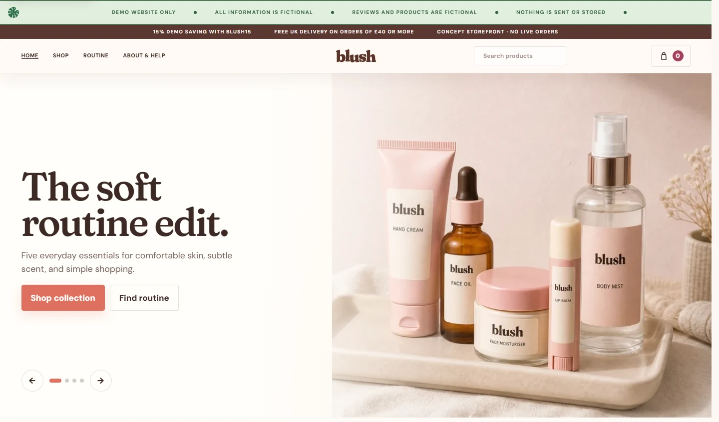 Blush Cosmetics skincare storefront preview