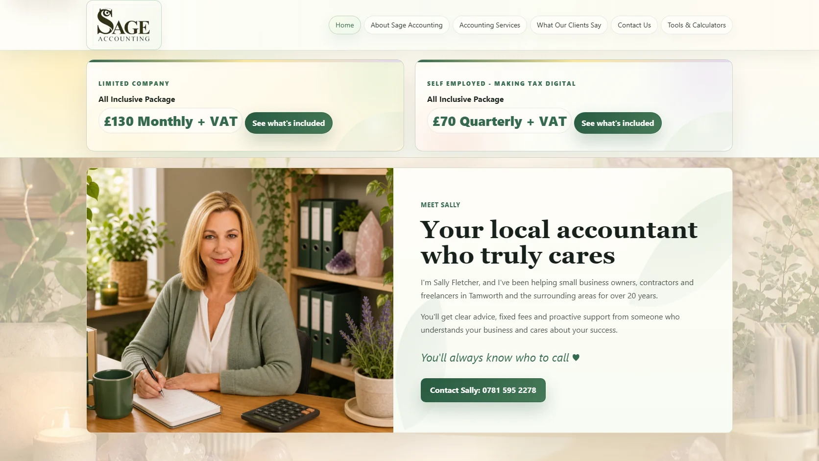 Sage Accounting website preview with Tamworth accounting packages, local accountant positioning, and a clear contact route