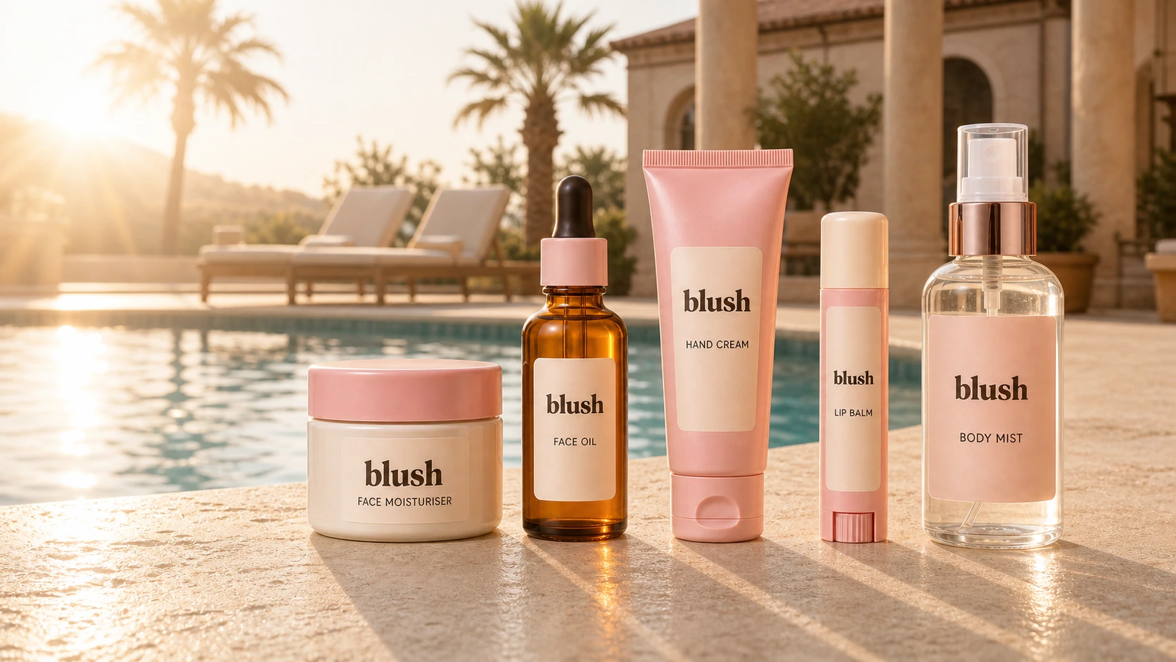 Five Blush skincare and body products beside a sunlit resort pool with palm trees and deck chairs