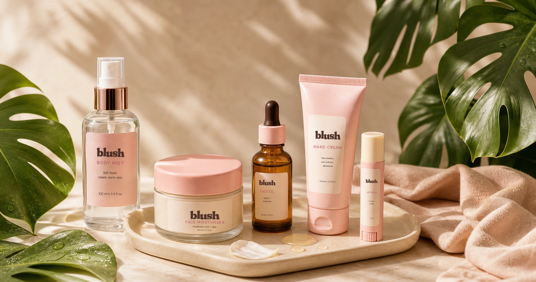 Blush products arranged on a tray with monstera leaves