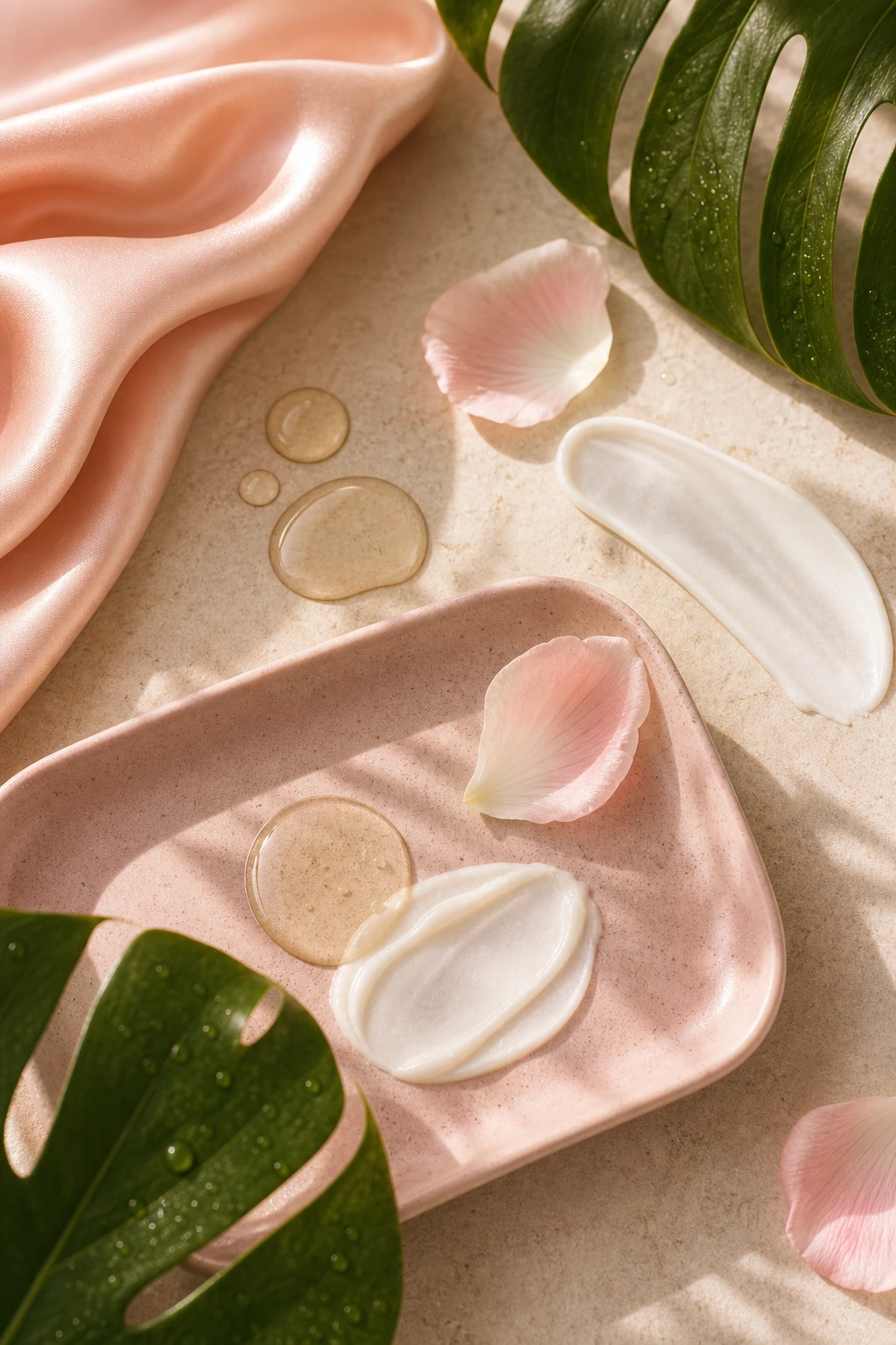 Decorative Blush textures with satin, cream, petals, and monstera leaves