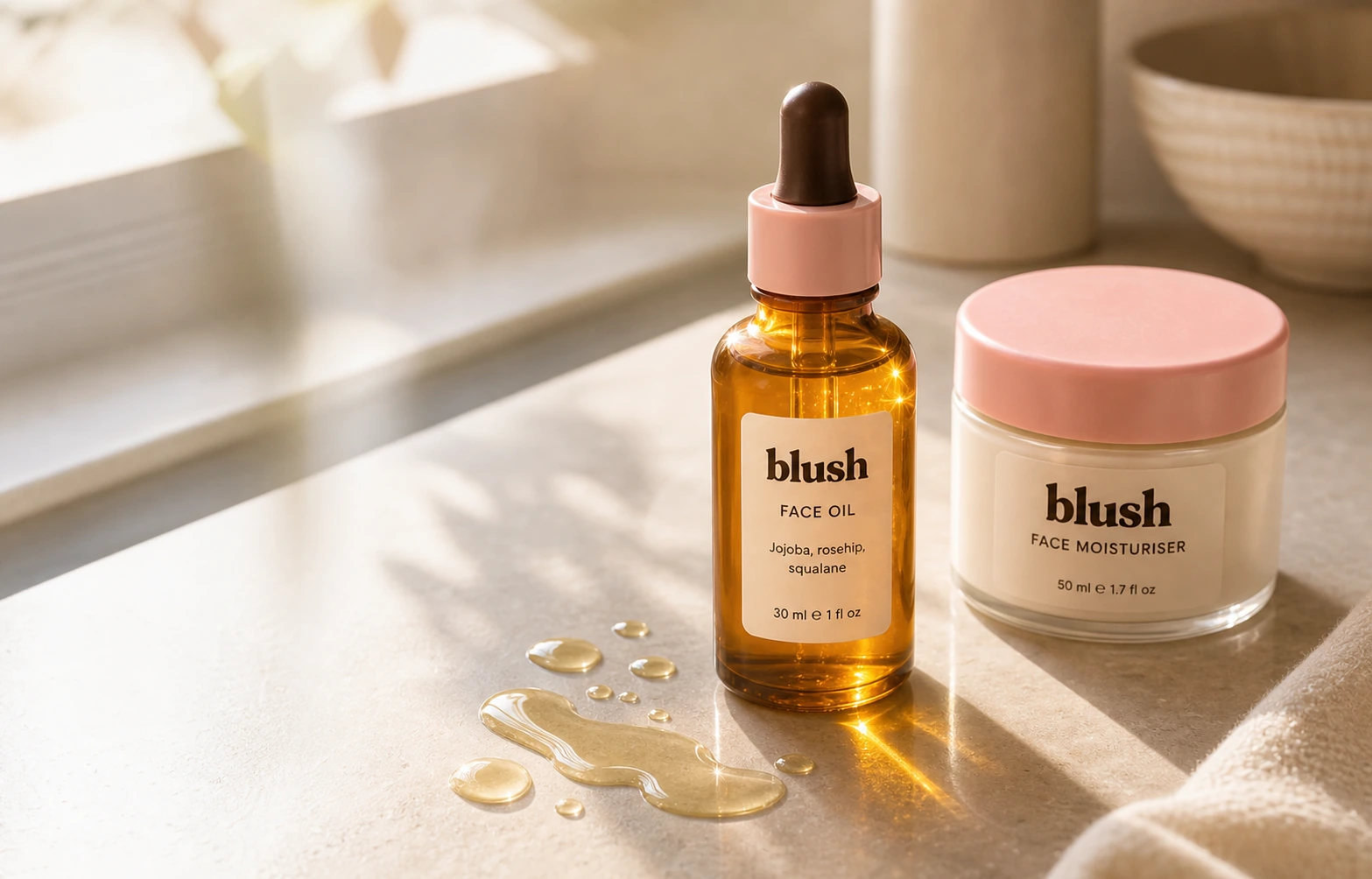 Blush Face Oil and Face Moisturiser in warm sunlight