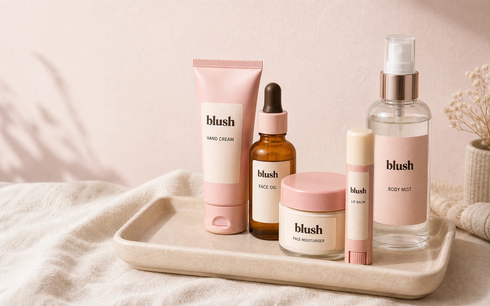 Blush full product collection arranged on a cream tray