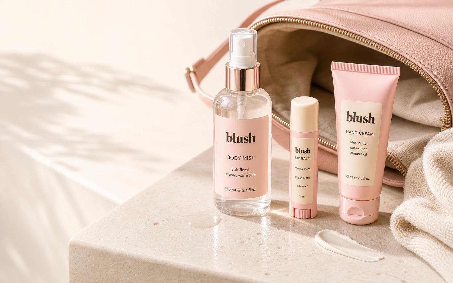 Blush summer handbag essentials on a vanity
