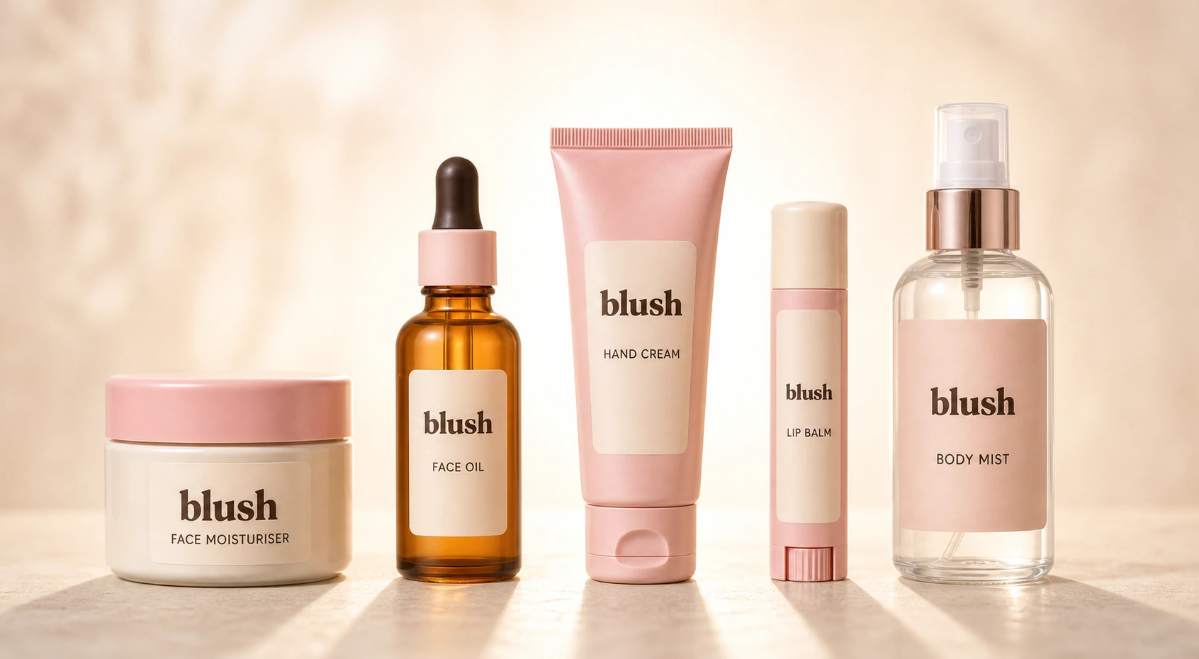 Full Blush product set standing side by side on a warm cream surface