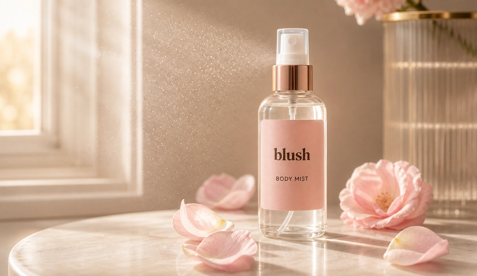 Body Mist beside petals in a warm sunbeam