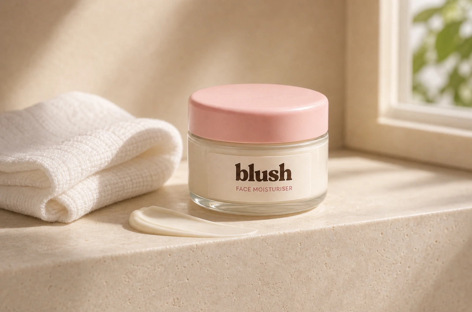 Face Moisturiser staged on a warm bathroom ledge