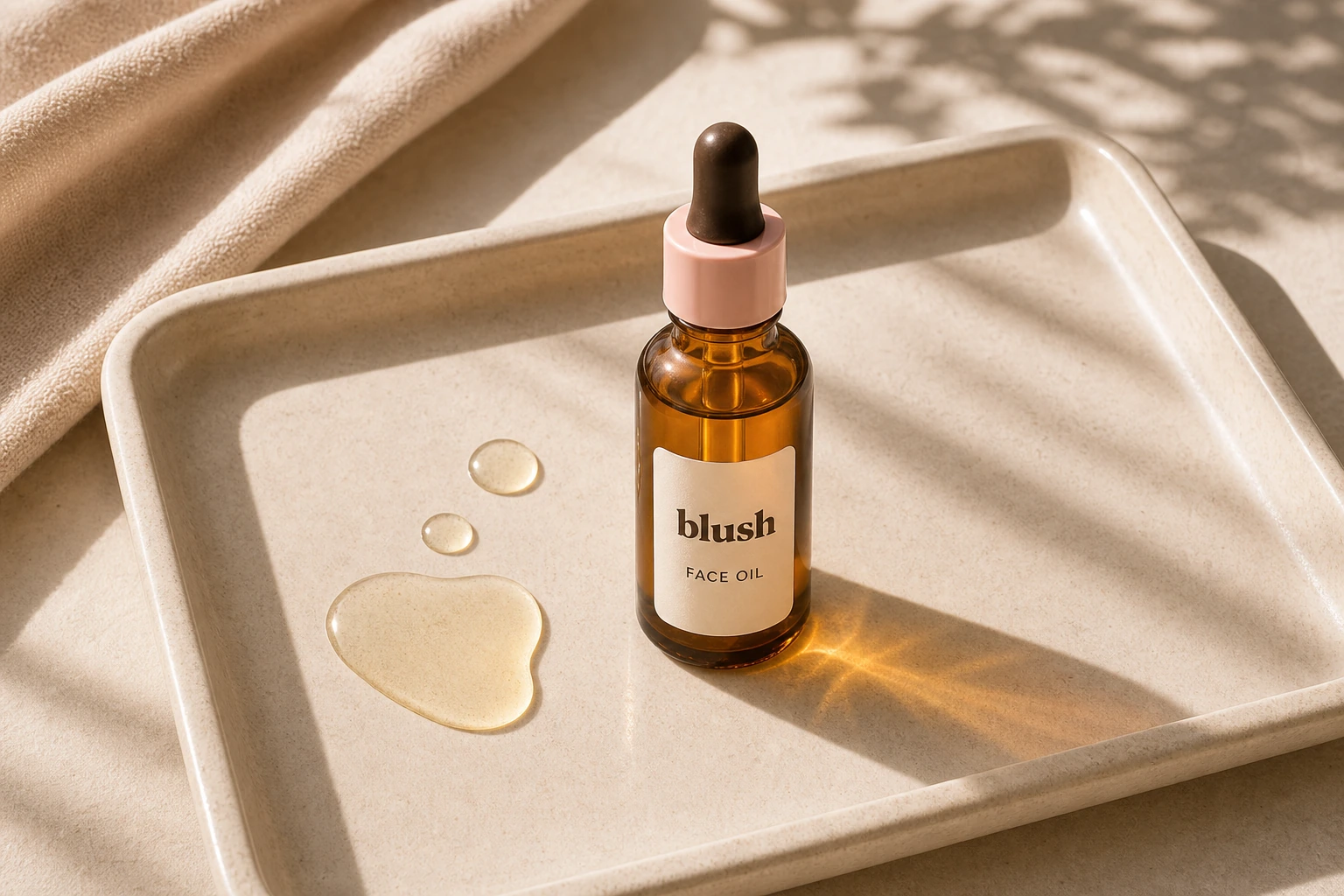 Face Oil glowing on a sunlit ceramic tray