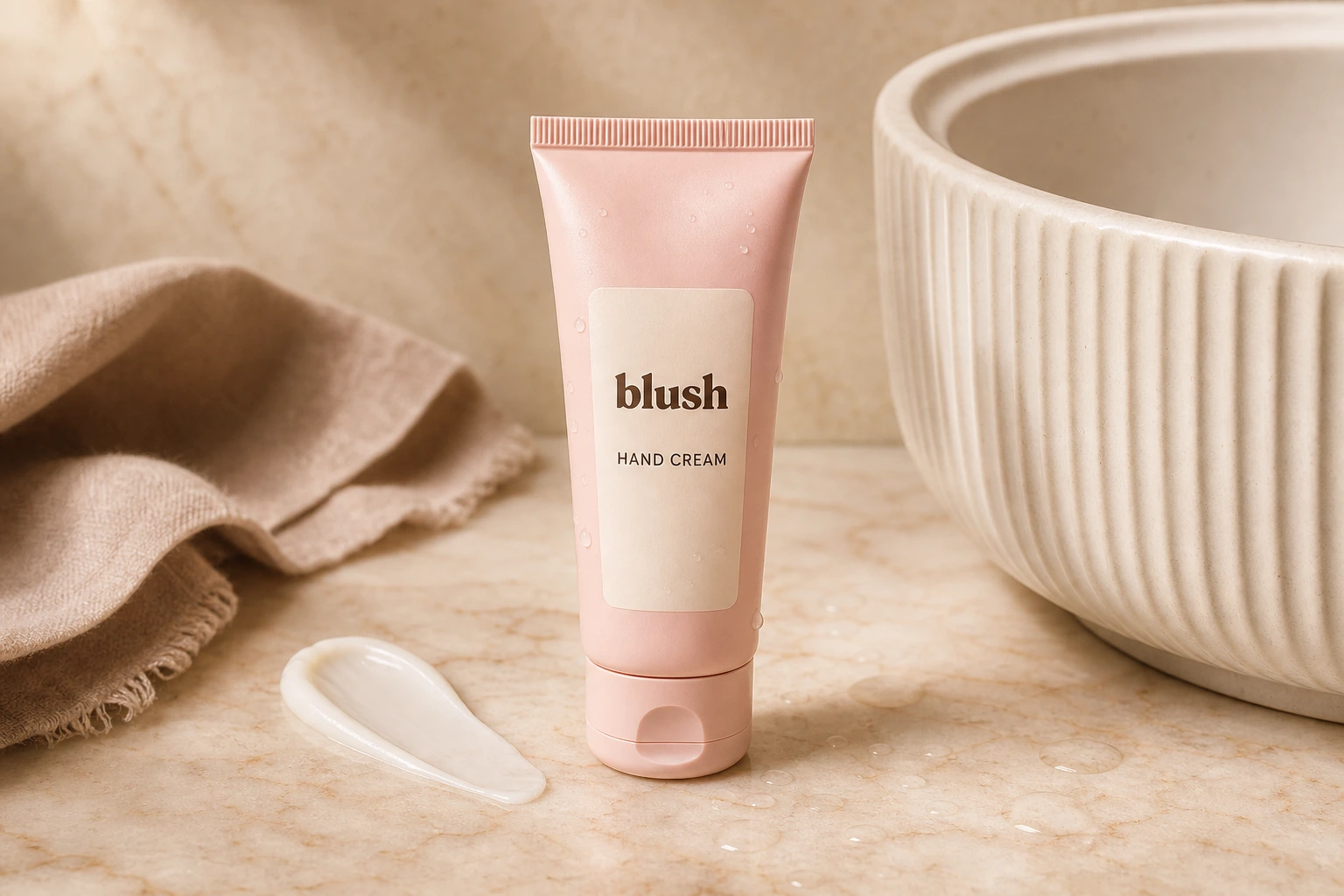 Hand Cream on a marble vanity beside a cream swipe