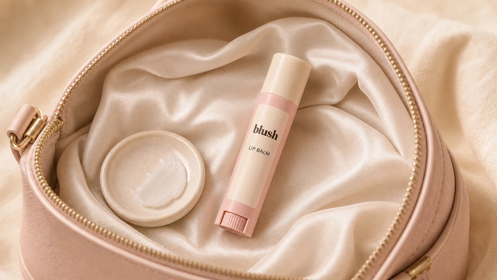 Lip Balm inside a soft blush handbag