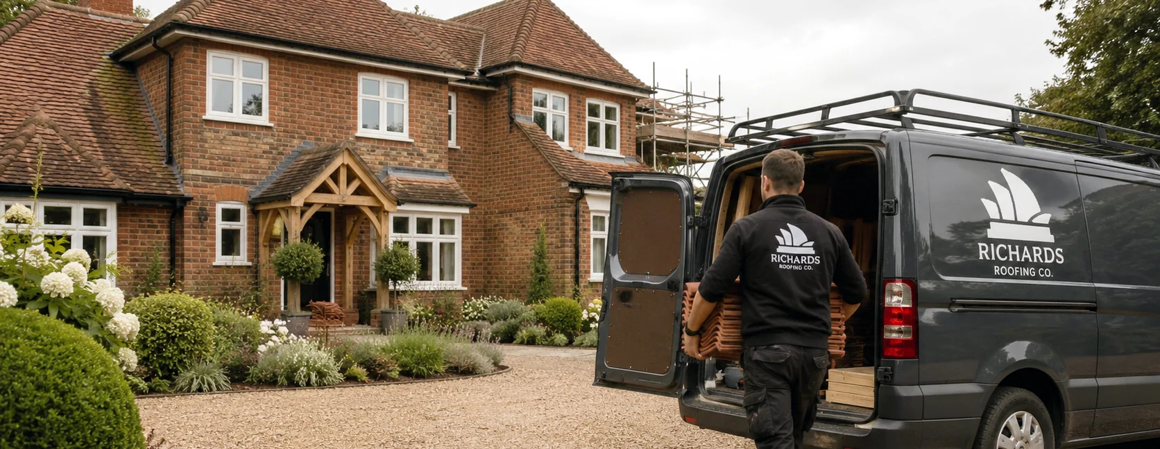 A roofer loading terracotta tiles into a branded van outside a well-kept brick home