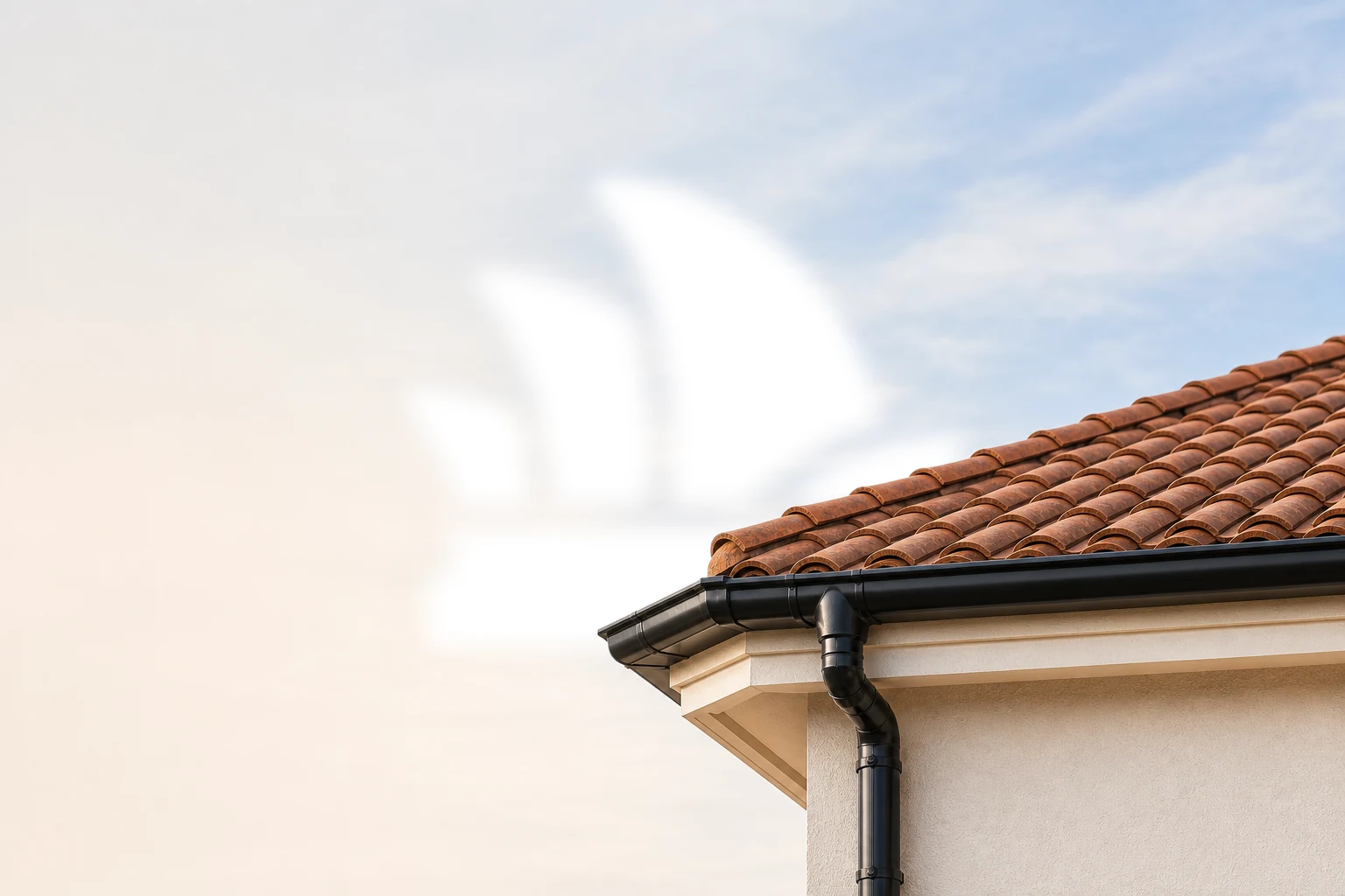 Close-up of curved terracotta roof tiles, guttering and downpipe
