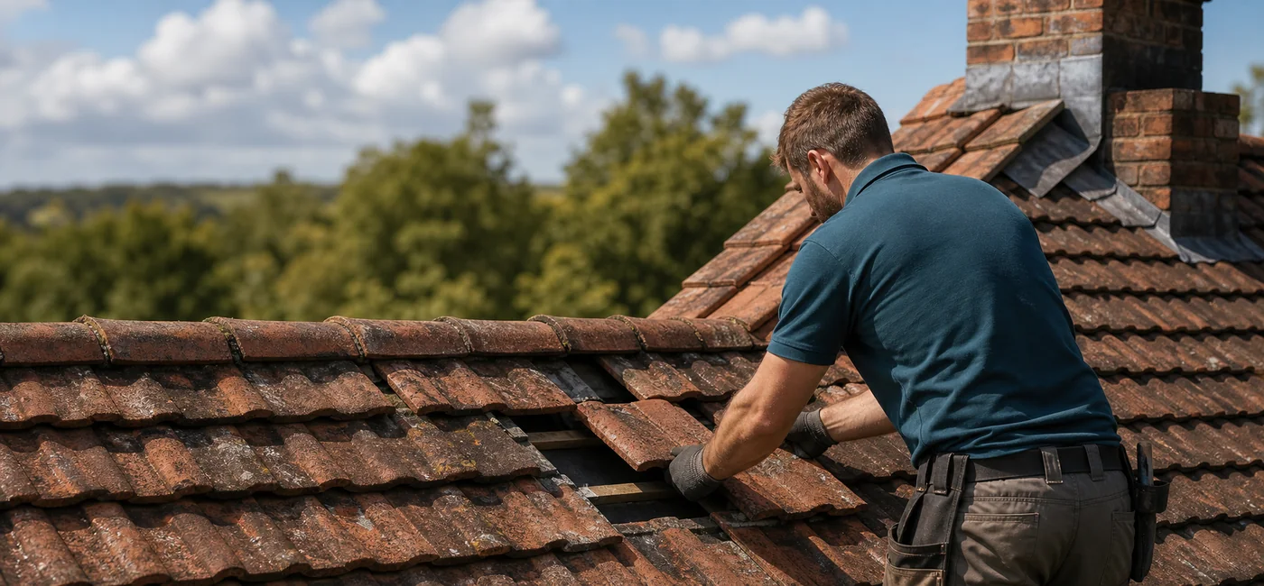 Roofer carefully replacing clay tiles on a British home